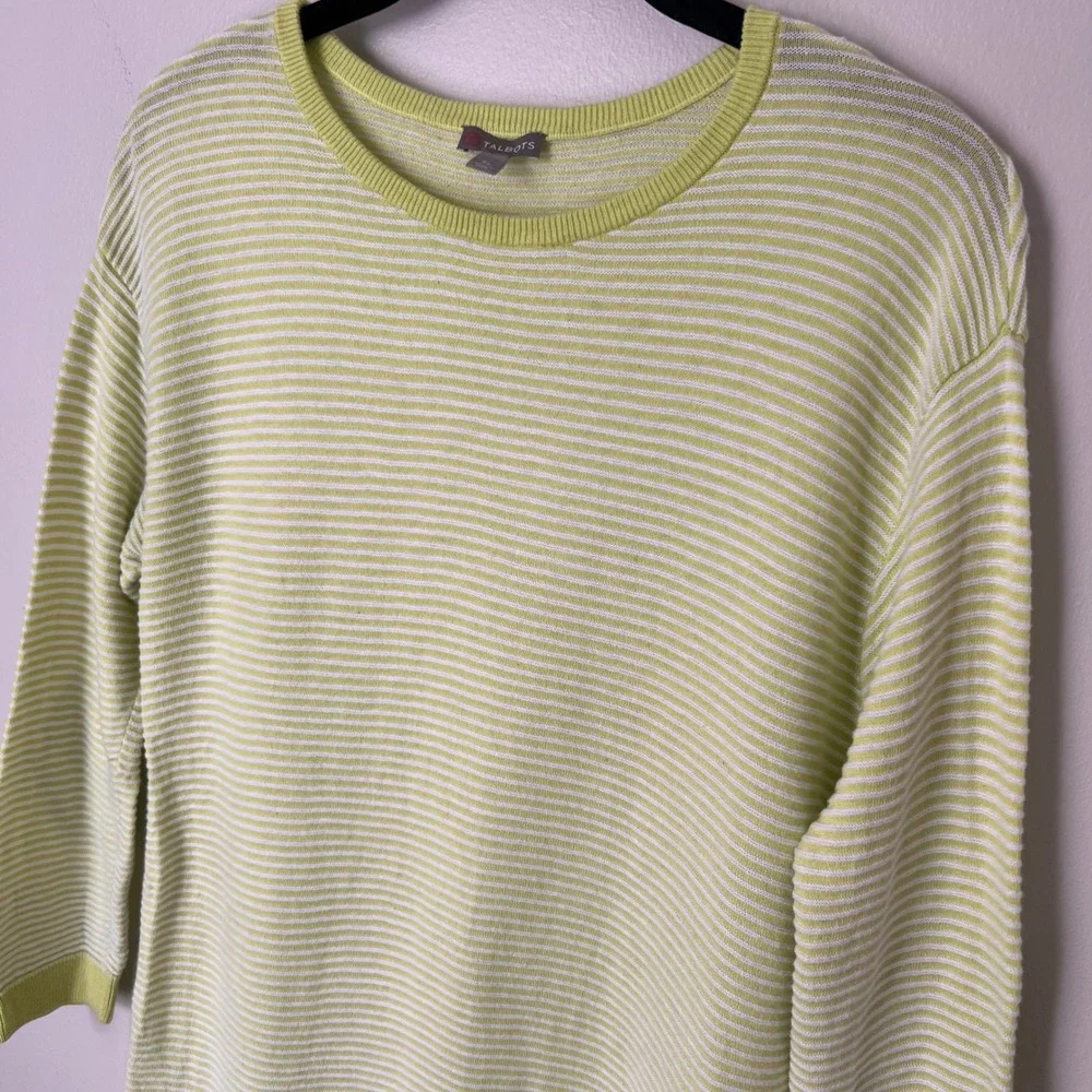 Talbots Striped Tunic‎ Sweater in Kiwi/White Elbow Patches 3/4 Sleeve Sz Small P
